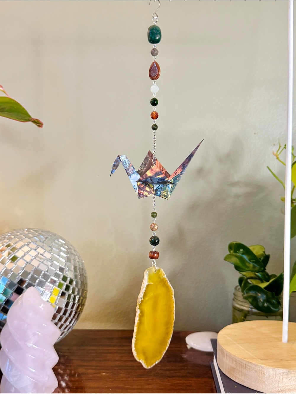 Origami Ornament #2597 - Large Paper Crane, Large Agate Slice